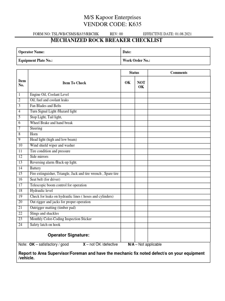 ROCK BREAKER Checklist PDF