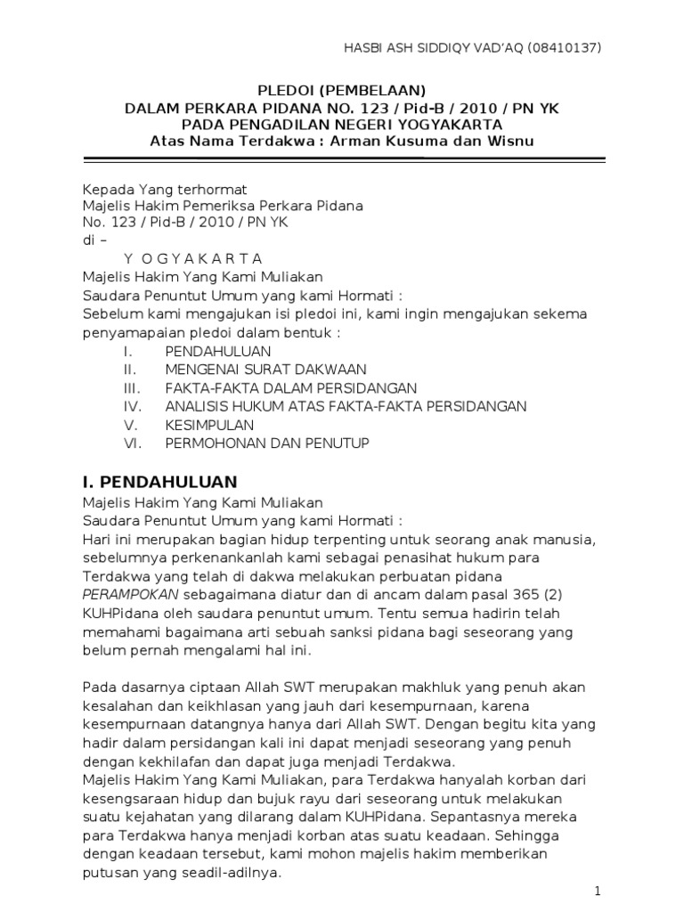 Contoh Pledoi Keadvokatan