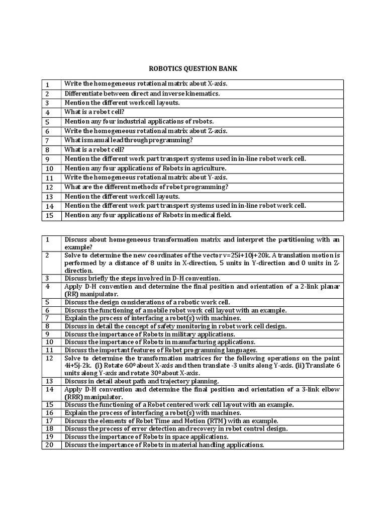 Robotics Question Bank II PDF Cartesian Coordinate System Matrix