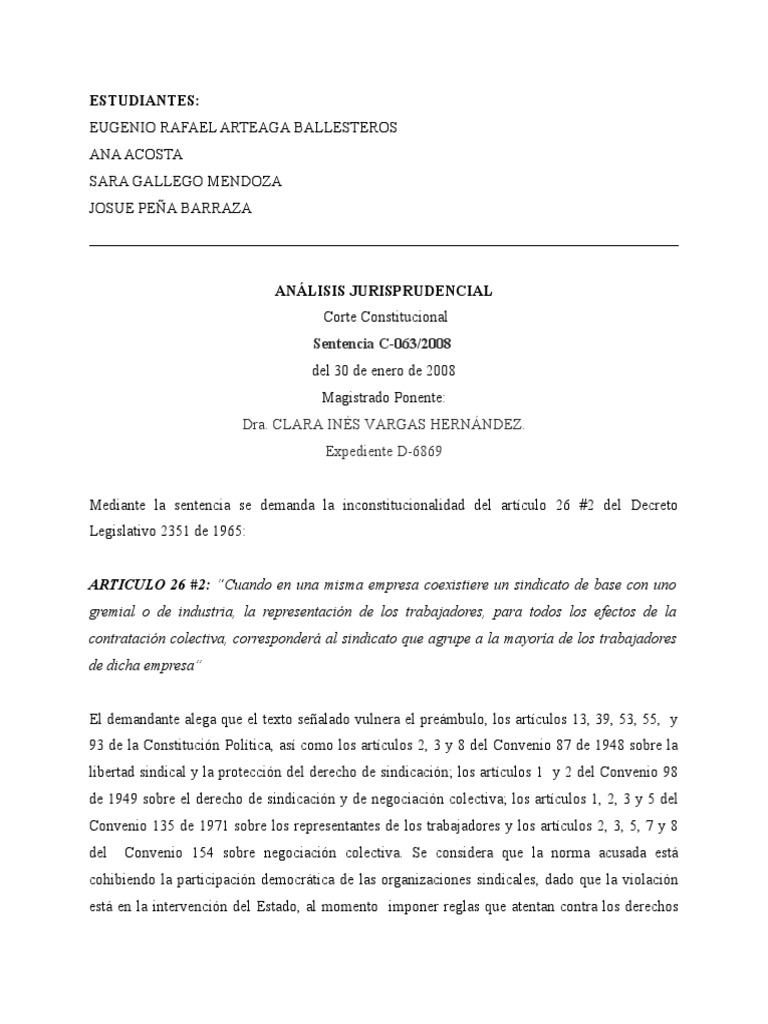 Analisís Sentencia C-063-2008 | PDF | Sindicato | Caso de ley