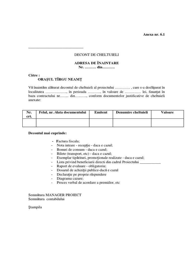 Adresa de Inaintare Decont de Cheltuieli | PDF | Finance et gestion ...