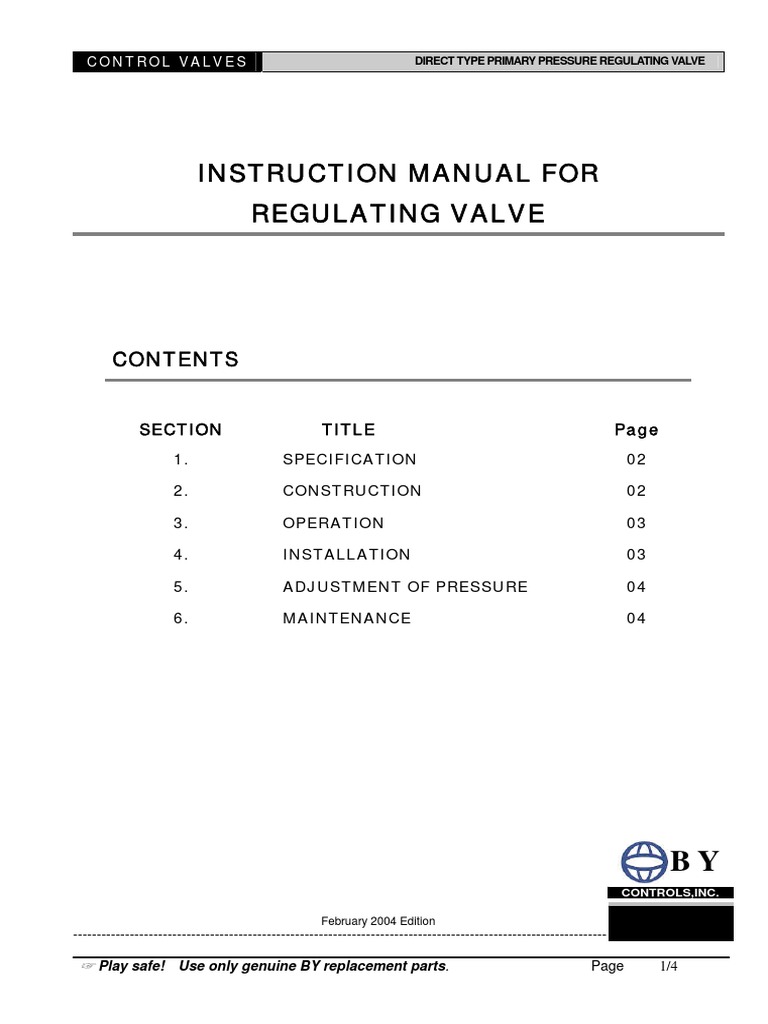 Primary Pressure Regulating Valve Manual | PDF | Valve | Chemical ...