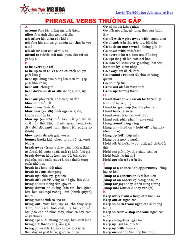PHRASAL VERBS thường gặp-Luyện Thi ĐH tiếng Anh cùng cô Hoa | PDF