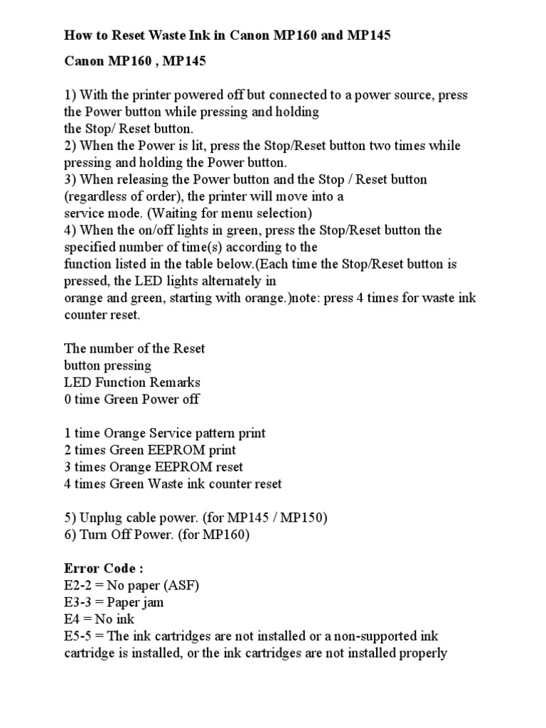 Reset Waste Ink for Canon MP160/MP145 | PDF | Printer (Computing ...