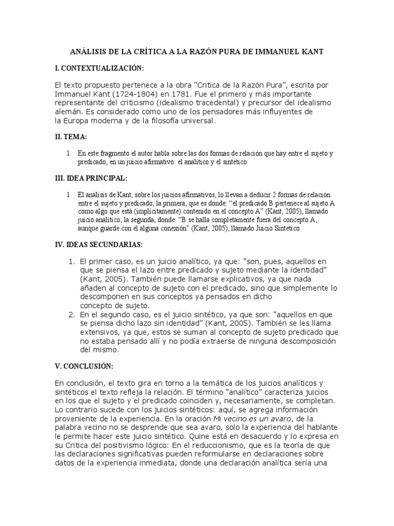 Análisis de La Crítica A La Razón Pura de Immanuel Kant | PDF ...
