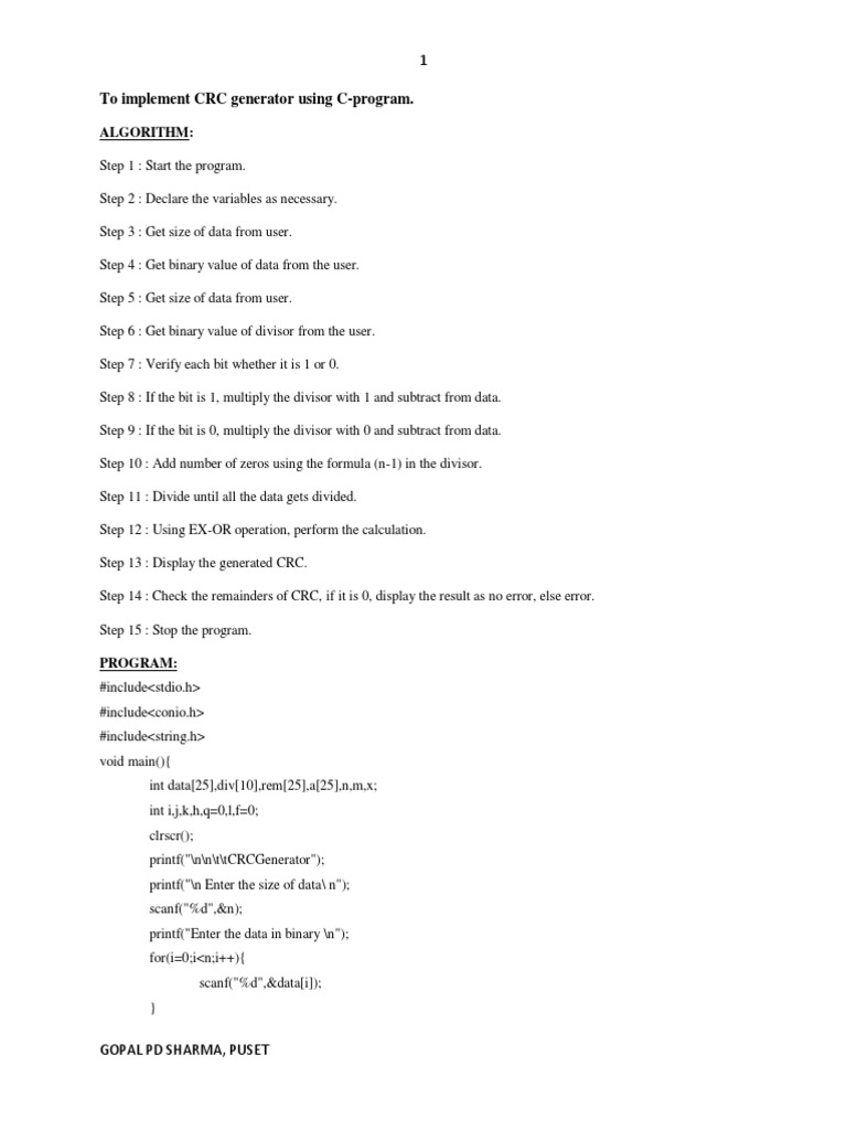 To Implement CRC Generator Using C-Program.: Algorithm | PDF