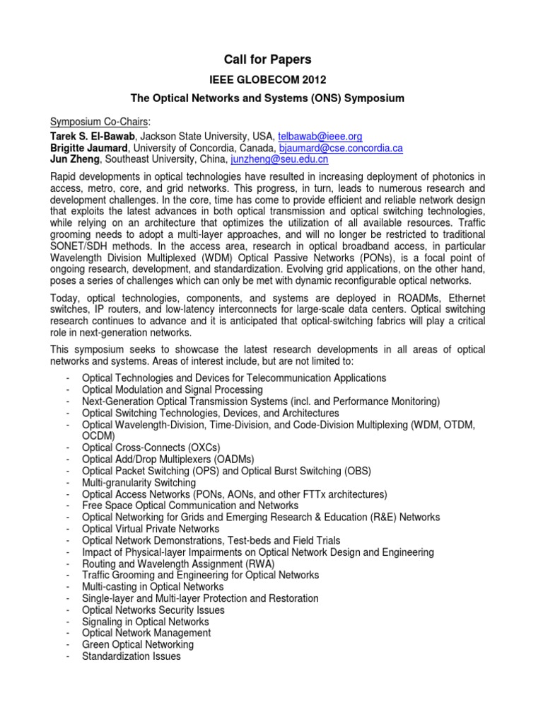 Call For Papers Ieee 2012 The Optical Networks and Systems