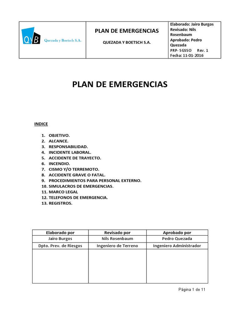 Plan de Emergencias Quezada y Boetsch | PDF | Primeros auxilios