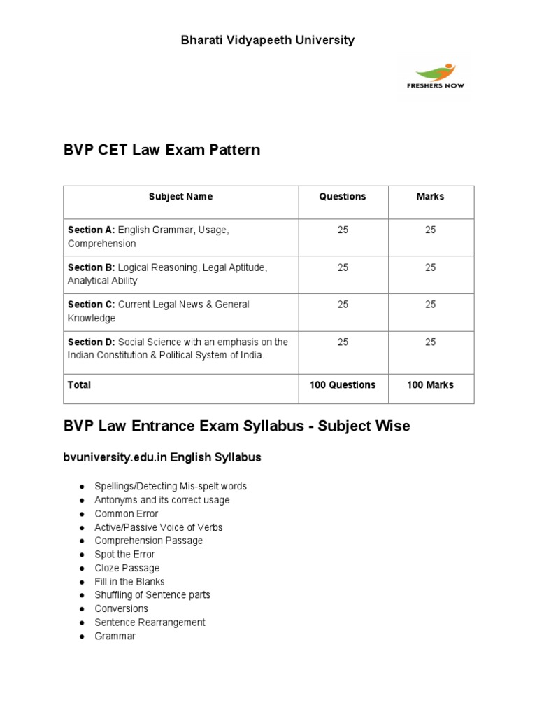 BVP CET Law Exam Pattern Bharati Vidyapeeth University PDF
