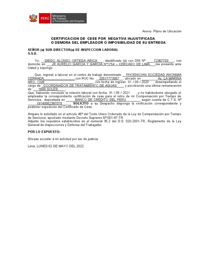 Certificación de Cese Laboral | PDF | Negocios | Finanzas y dinero