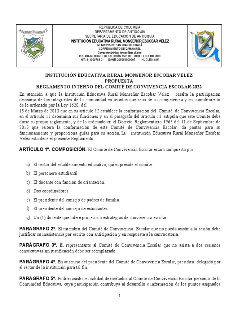 Reglamento Comité de Convivencia Escolar 2022 | PDF