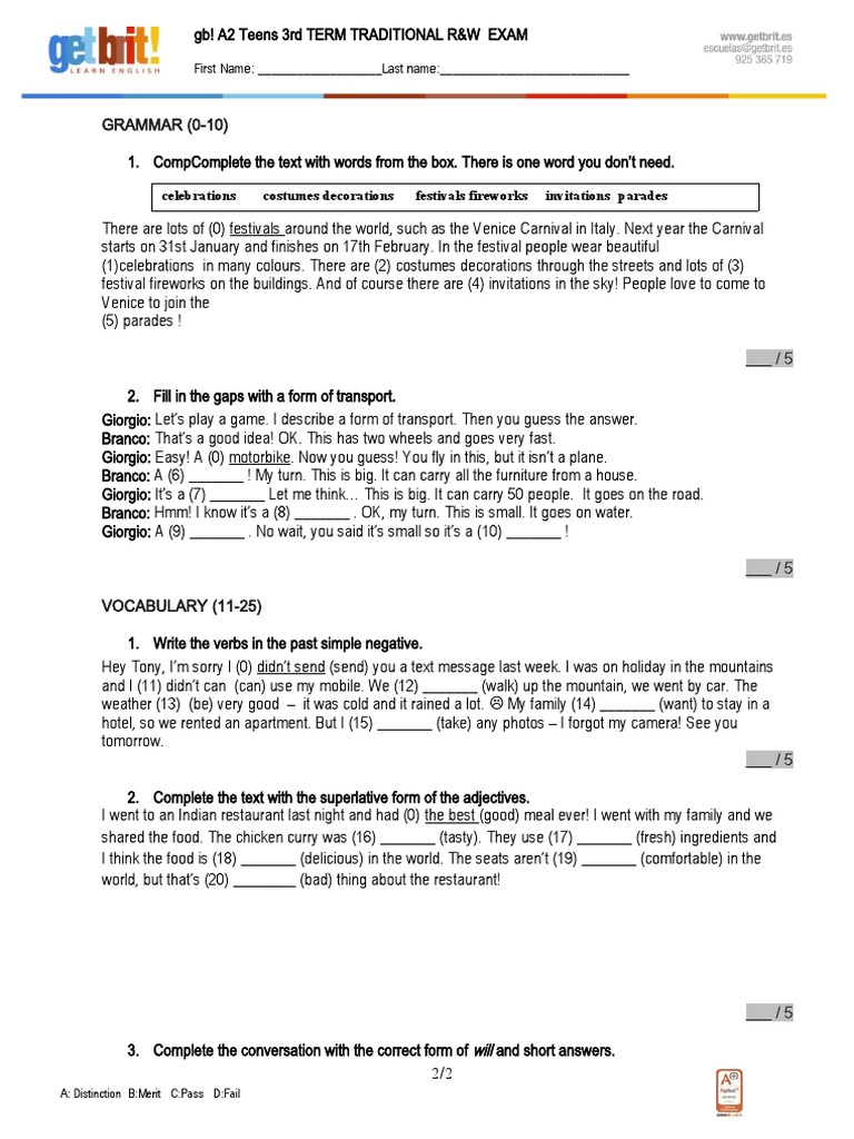 Grammar and Vocabulary Exam Guide | PDF