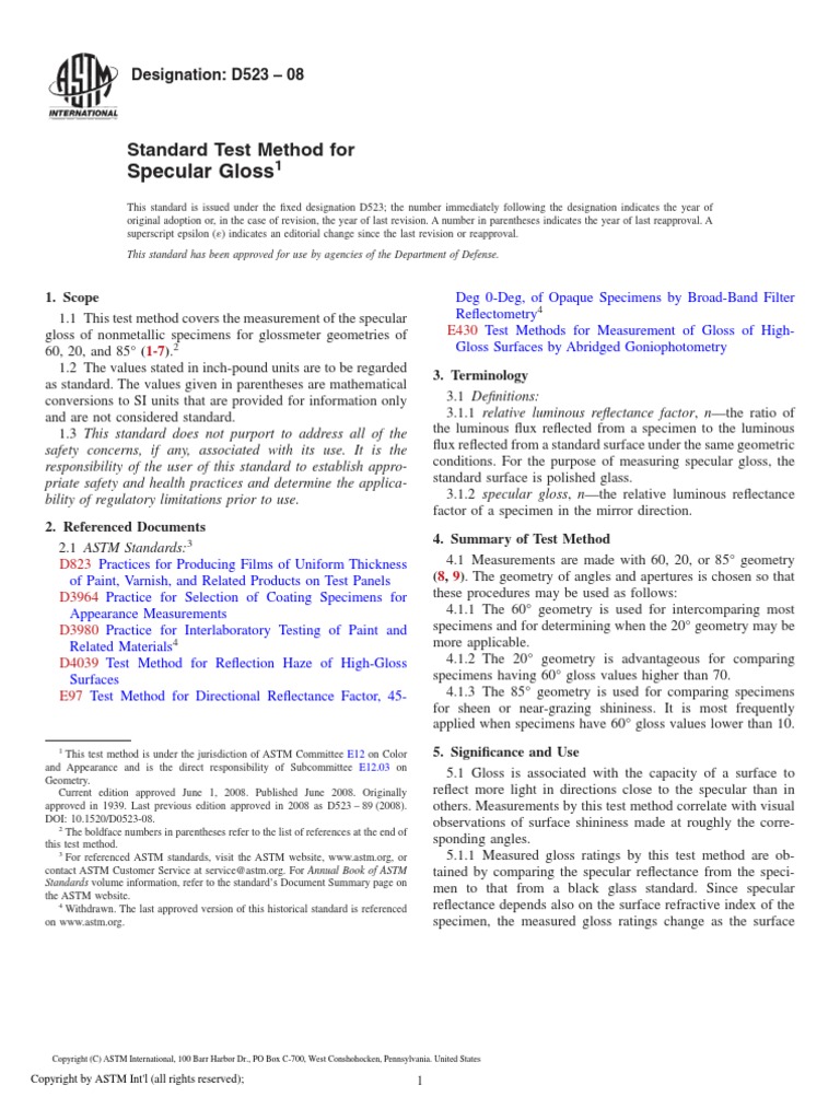 ASTM D523 Specular Gloss Measurement | PDF | Optics | Electromagnetic ...