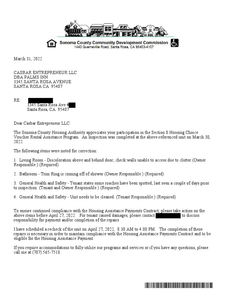 Sonoma County Housing Authority Inspection Report PDF Section 8