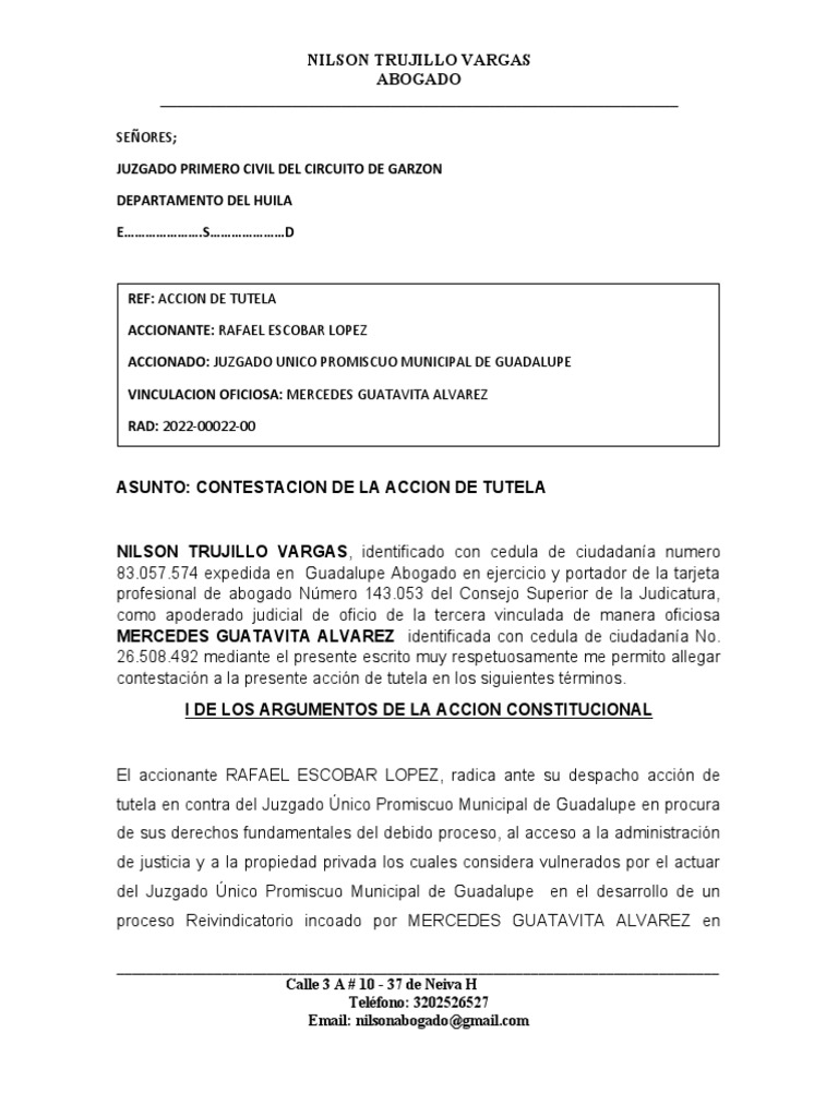 Contestación a acción de tutela en proceso reivindicatorio | PDF ...