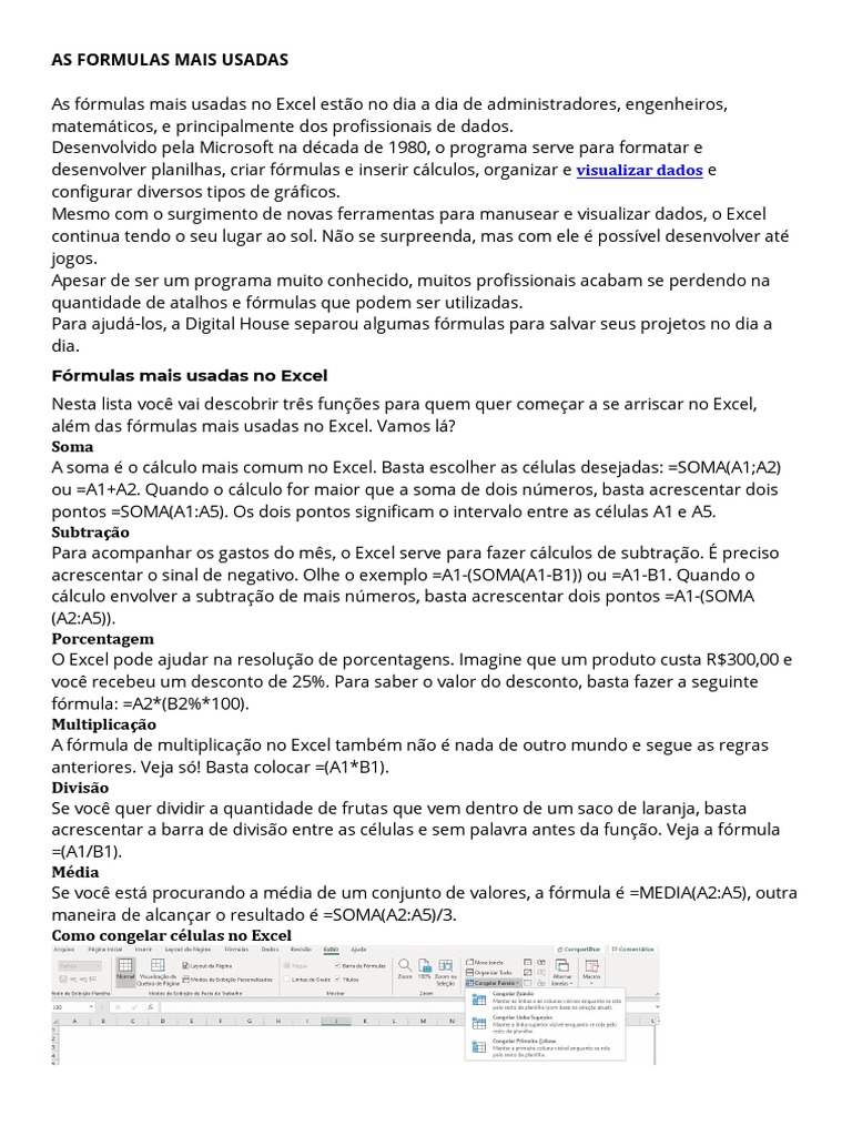As Formulas Mais Usadas | PDF | Microsoft Excel | Cálculo