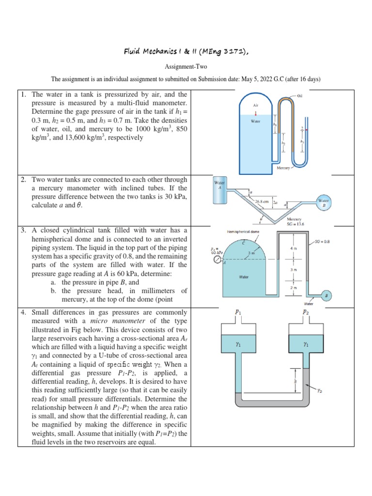 Fluid Mechanics Assignment Problems | PDF | Pressure | Pressure Measurement
