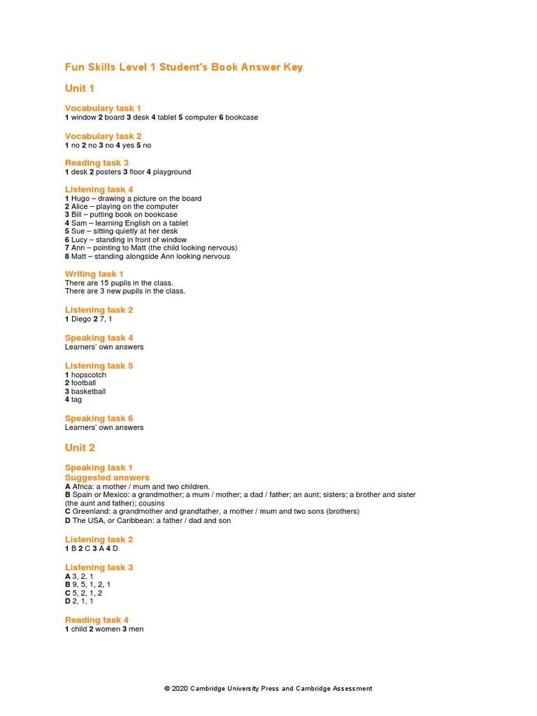 Fun Skills Level 1 Student's Book Answer Key Unit 1: Vocabulary Task 1 ...