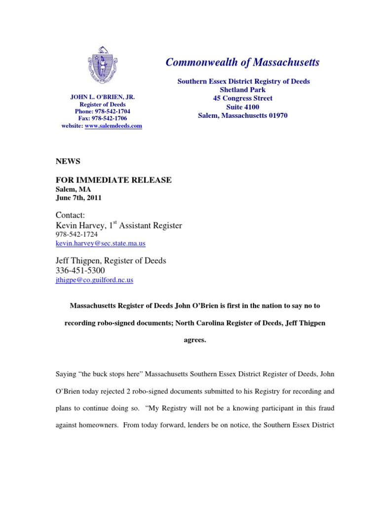 Massachusetts Register of Deeds John O'Brien Is First in The Nation To
