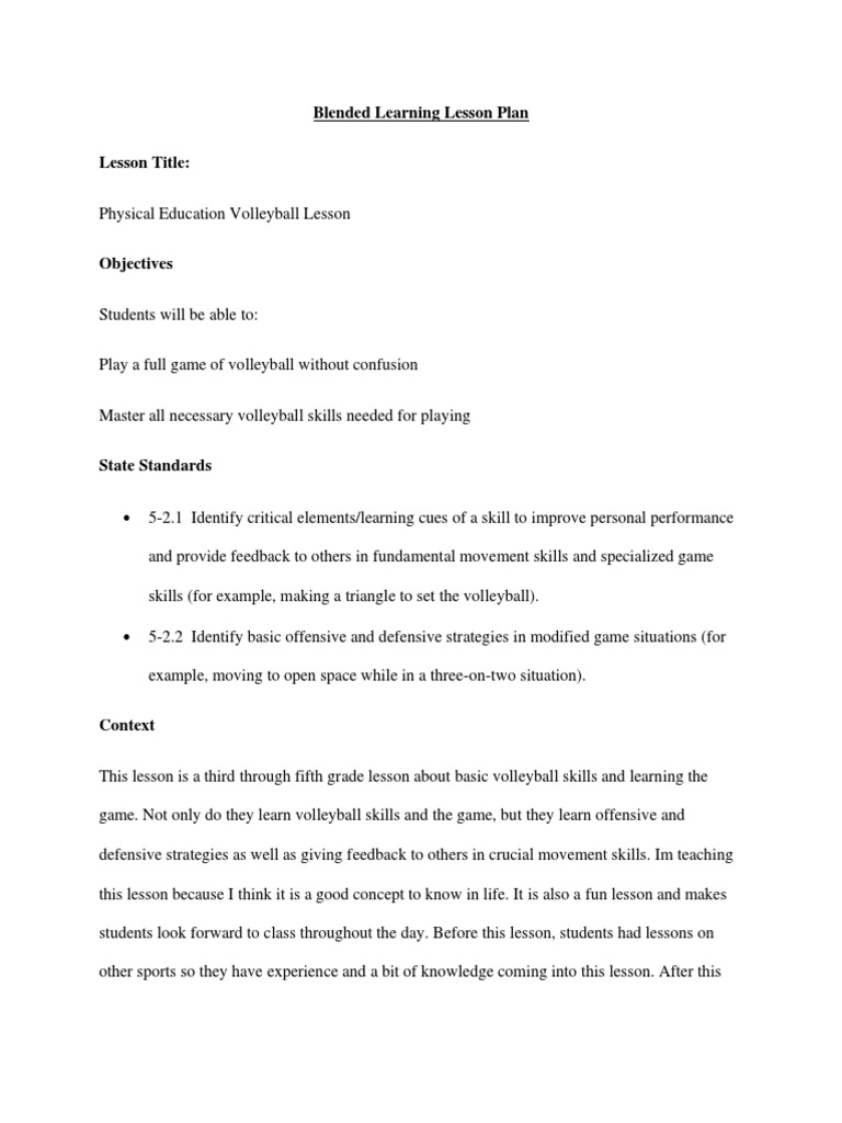 Volleyball Skills Lesson Plan for Grades 3-5 | PDF | Experience ...