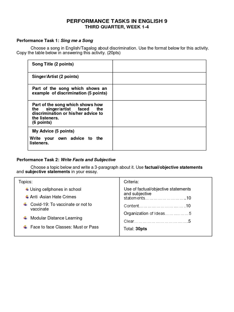 English 9 Performance Tasks Guide | PDF