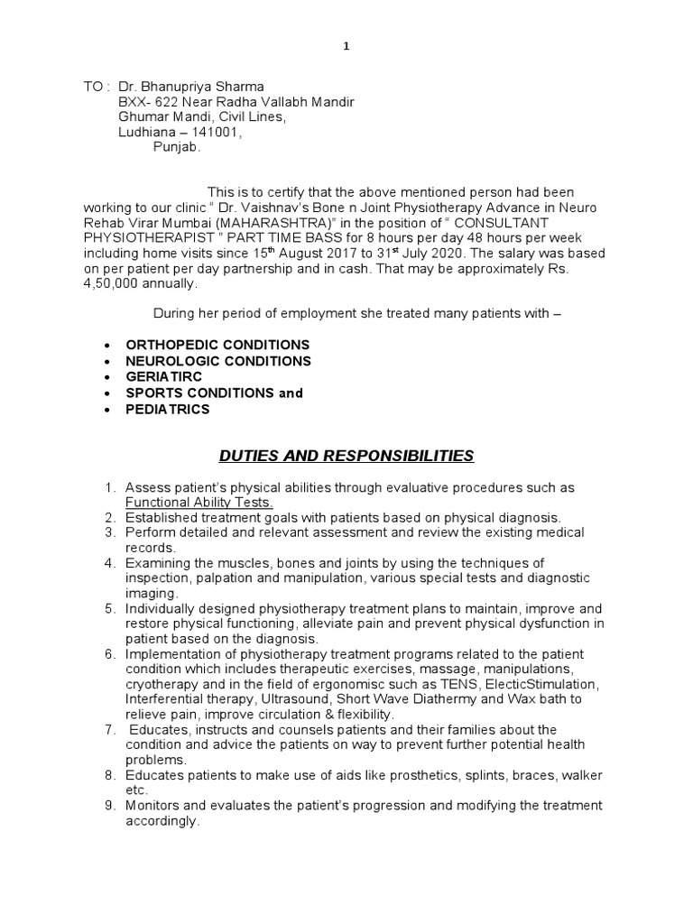 Experiance Letter According To NOC Code PDF Physical Therapy