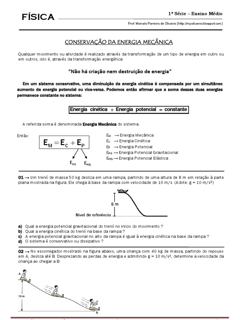 Conservação Da Energia Mecânica - Teoria e Lista de Exercícios | PDF ...