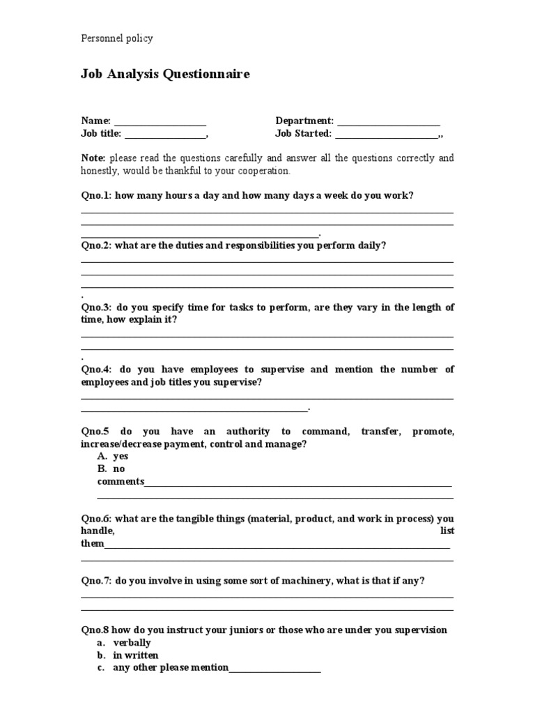 Job Analysis Questionnaire PDF Behavioural Sciences Psychology