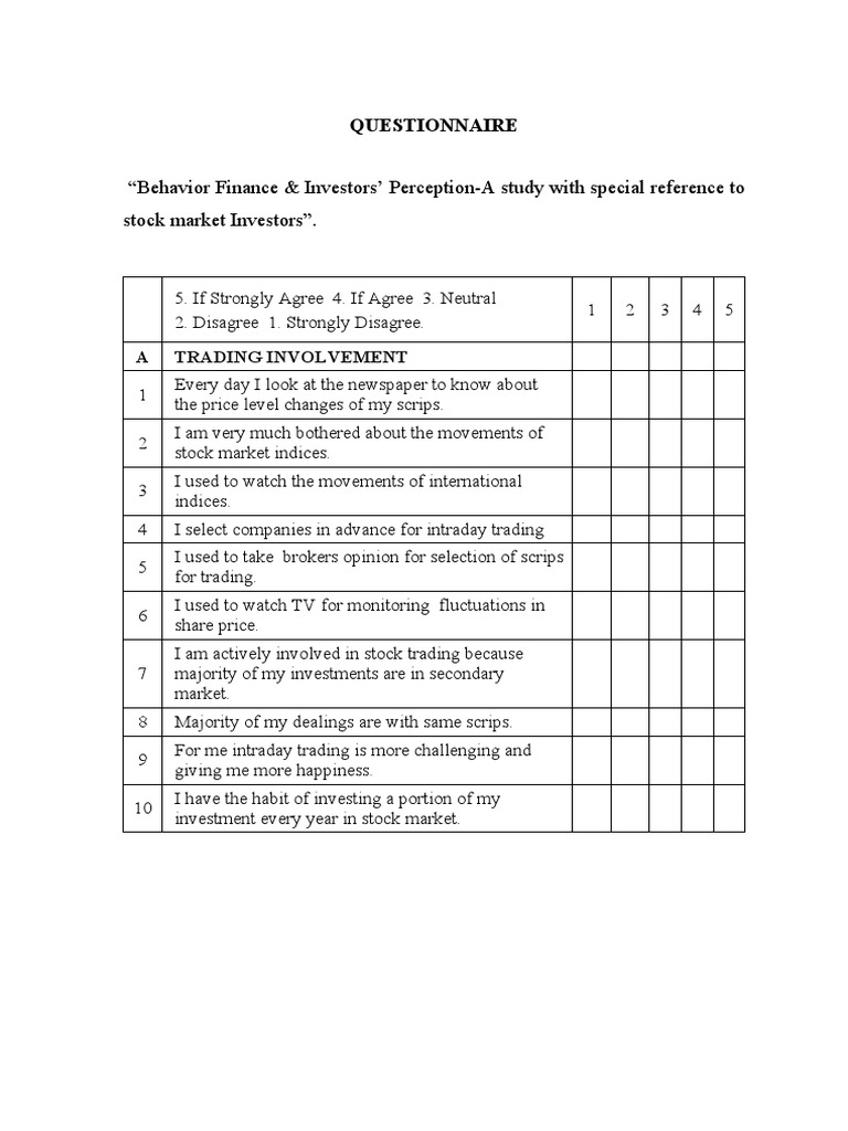 Questionnaire On Behaviour Finance & Investors Perception Download