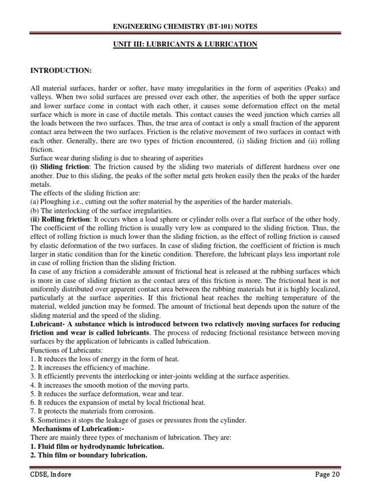 Engineering Chemistry Unit 3 Notes RGPV PDF Friction Lubricant