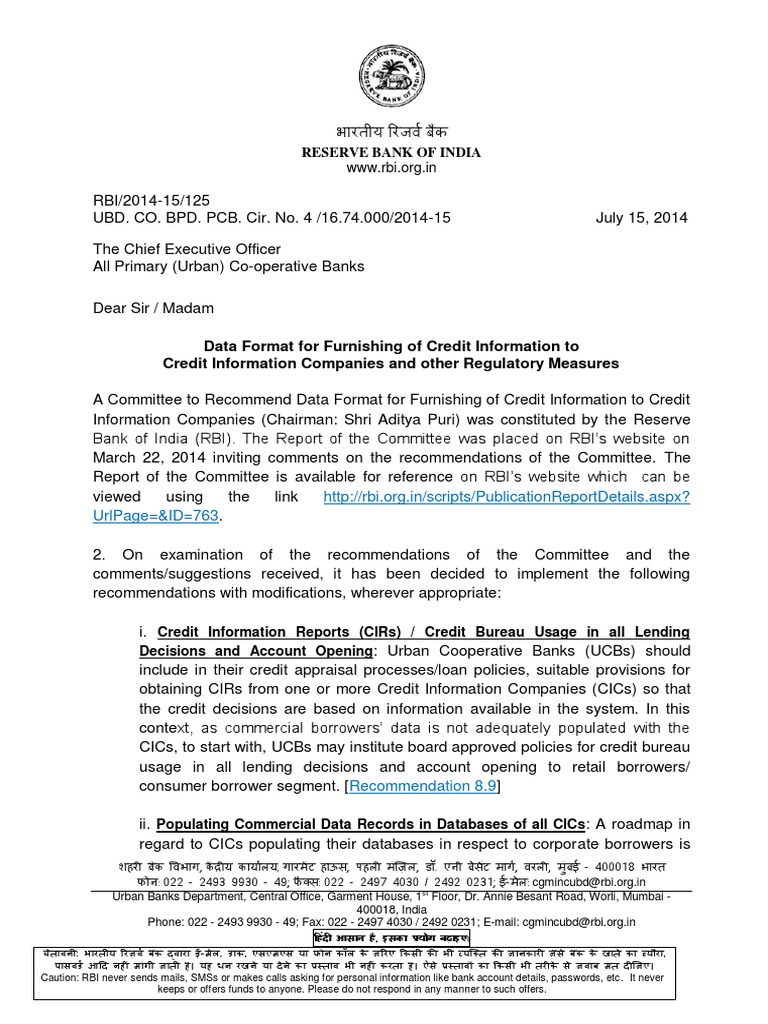 Data Format For Furnishing of Credit Information To Credit Information