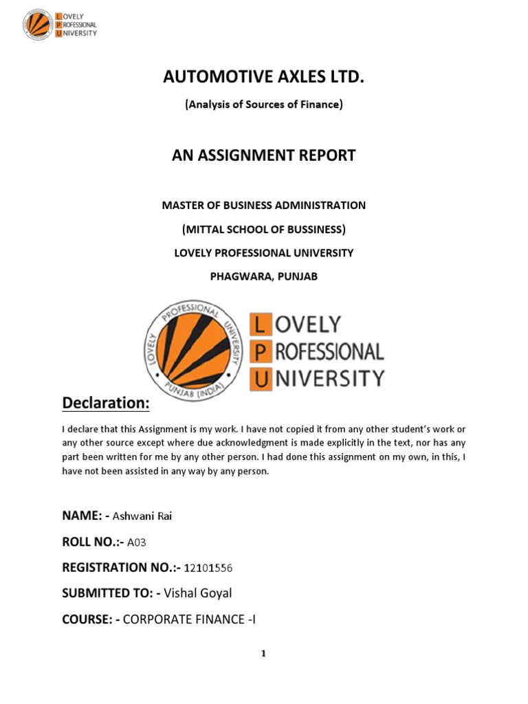 Automotive Axles LTD. An Assignment Report PDF Loans Equity