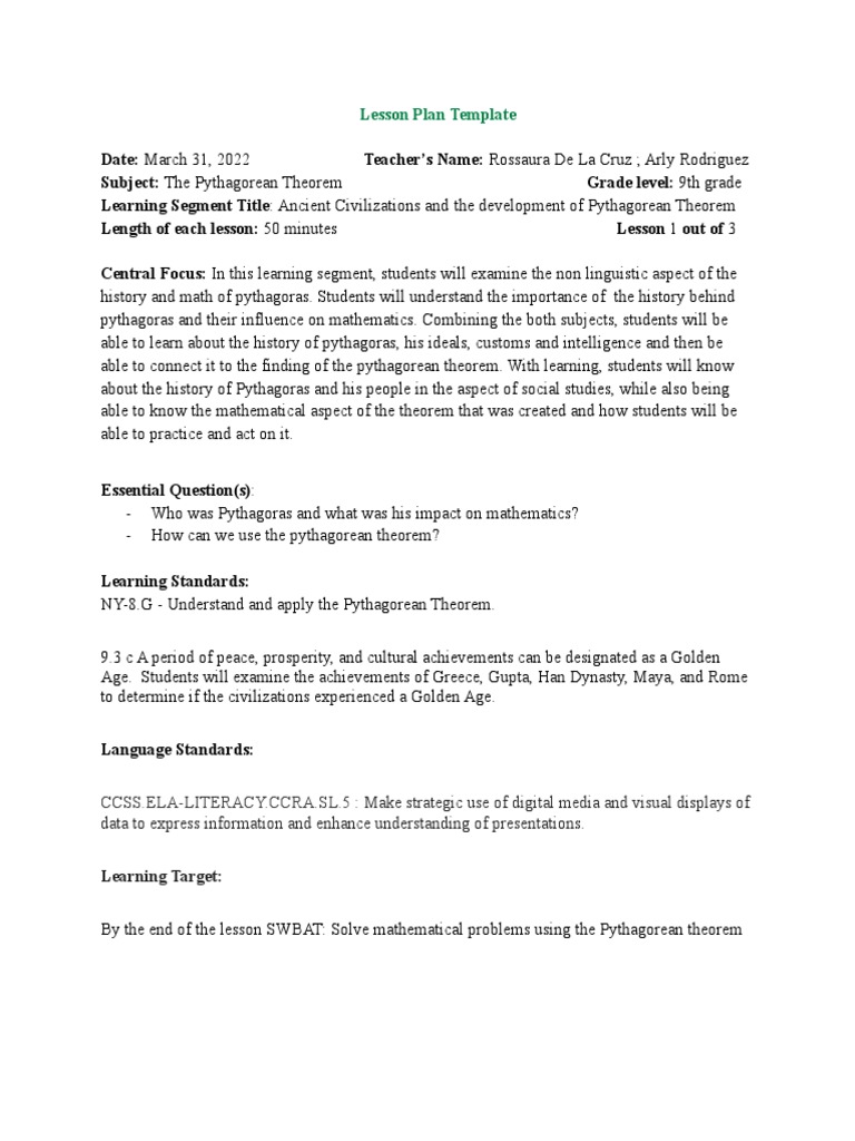 Pythagorean Theorem Lesson Plan | PDF | Teaching Mathematics | Pythagoras