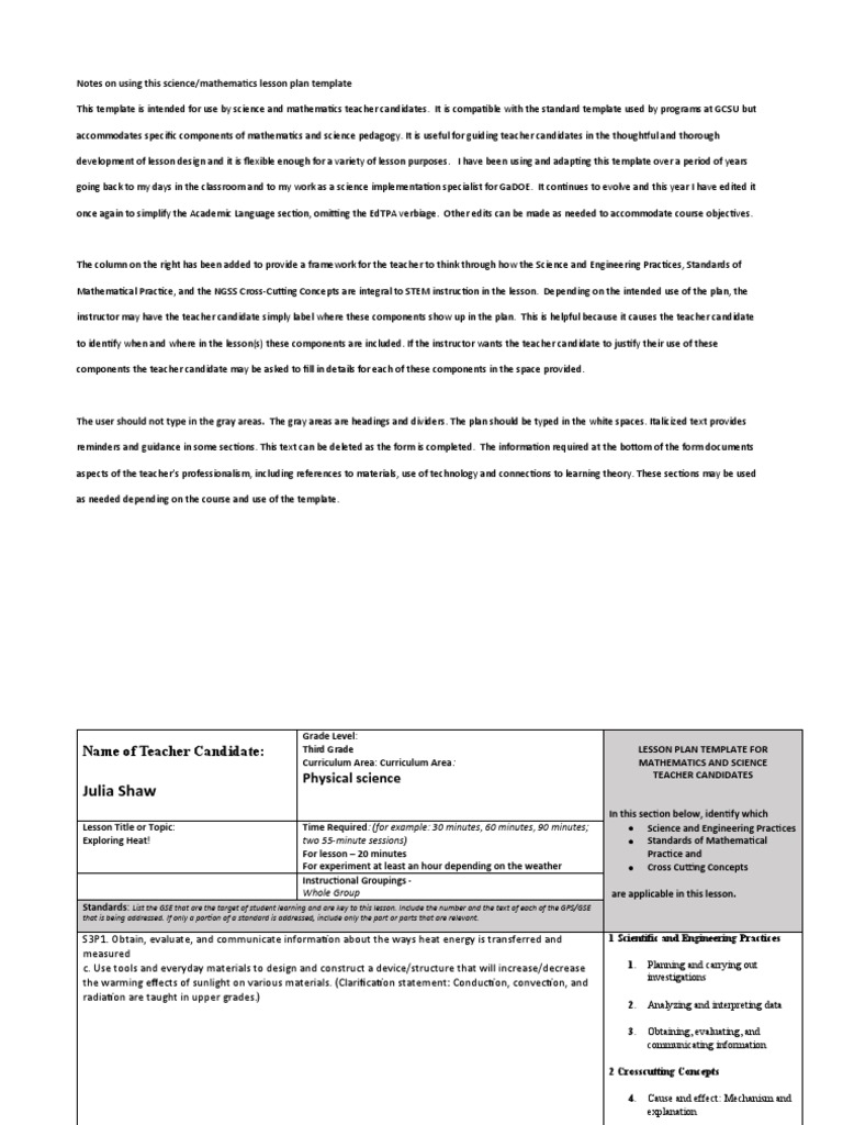 Notes On Using This Science/mathematics Lesson Plan Template | PDF ...