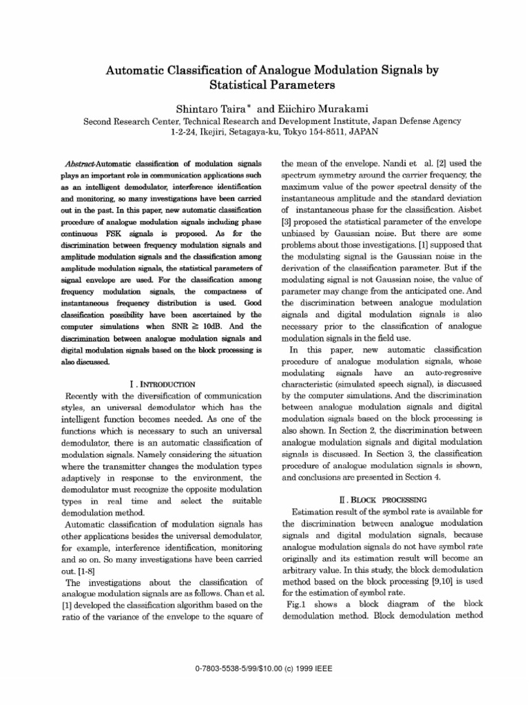 Automatic Classification of Analogue Modulation Signals by Statistical ...