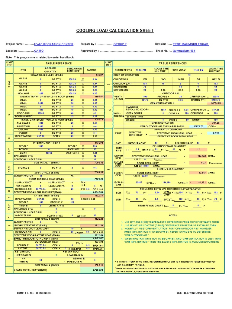 Cooling Load Calculation Sheet Hvac Recration Center Group 7 Prof Mahmoud Fouad Cairo