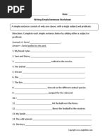 Name: - Date: - Writing Simple Sentences Worksheet