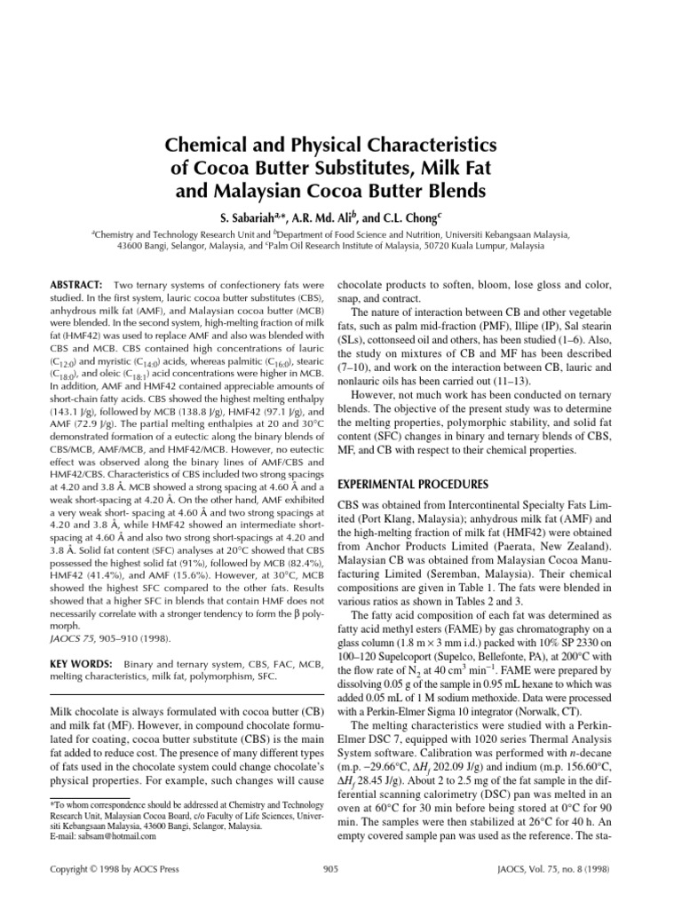 Chemical and Physical Characteristics of Cocoa Butter Substitutes, Milk Fat and Malaysian Cocoa