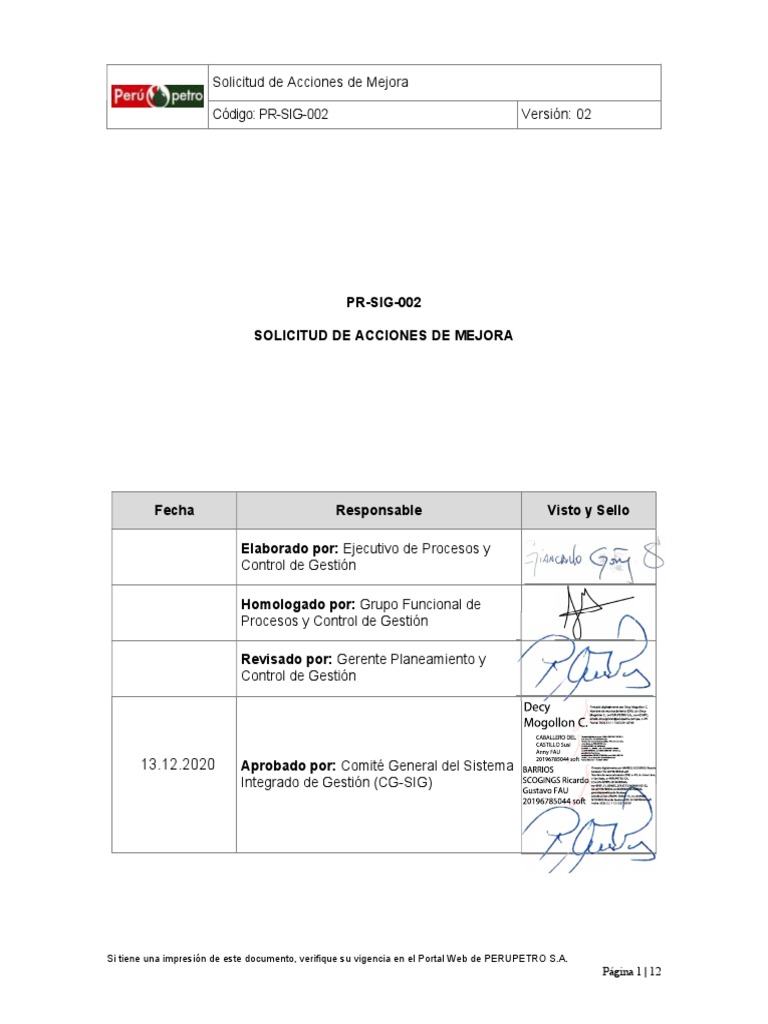 PR SIG 002+Solicitud+de+Acciones+de+Mejora+Ver+02 | PDF | Auditoría ...