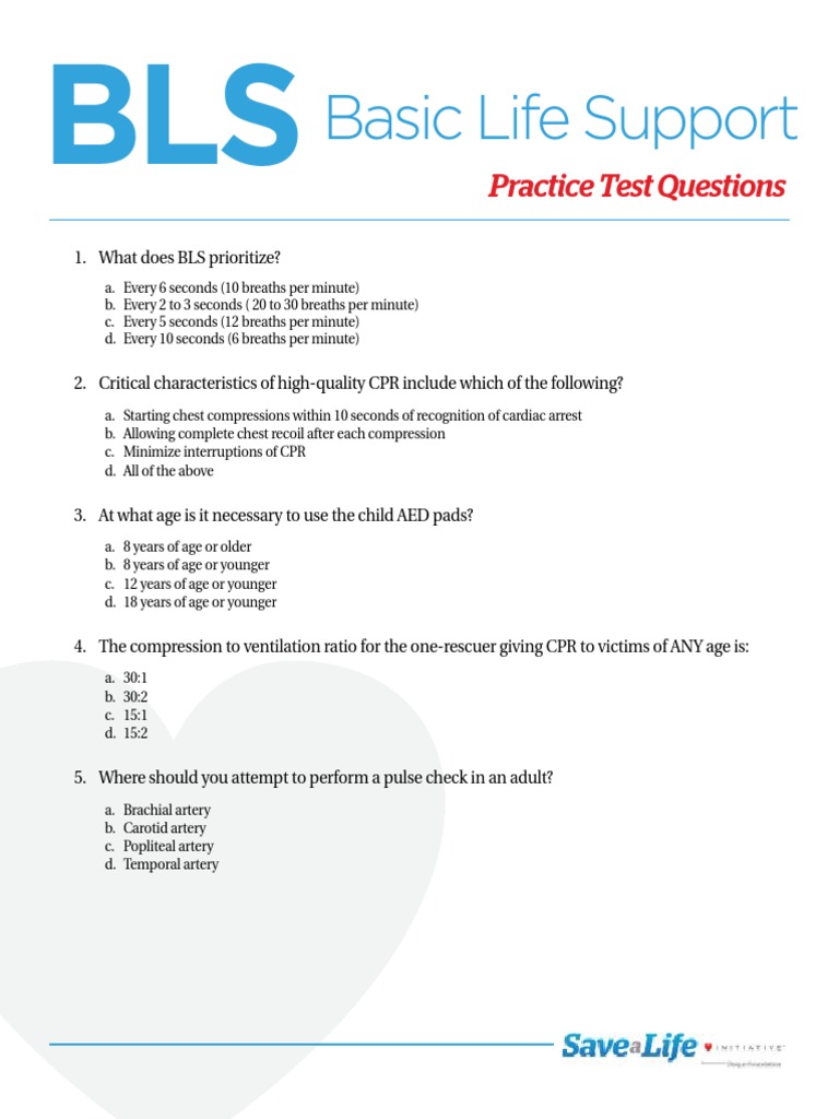 Basic Life Support Practice Test Questions PDF Cardiopulmonary