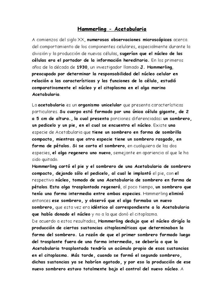 Experimento de Hammerling con Acetabularia | PDF | Hipótesis | Experimentar