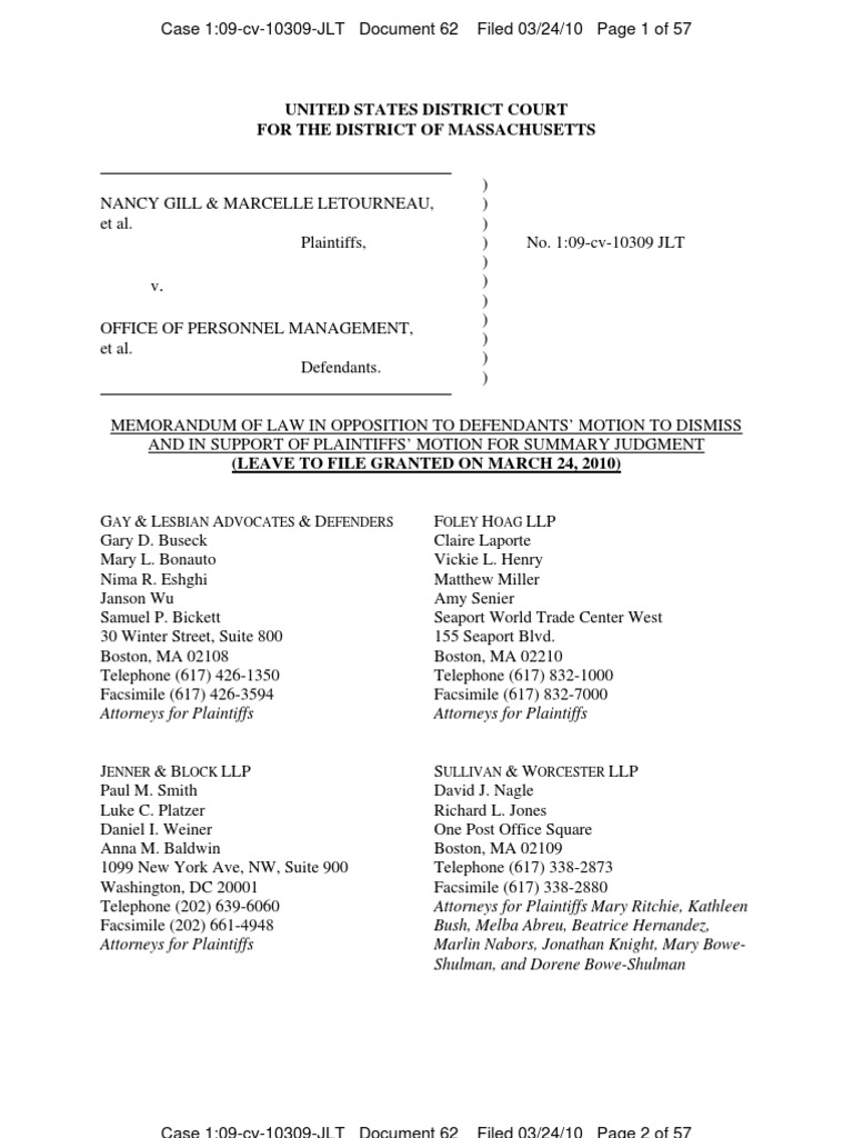 Opposition to Motion to Dismiss DOMA Case | PDF | Defense Of Marriage ...