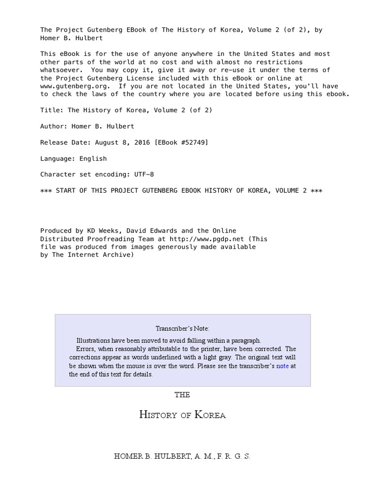 The History of Korea Vol II 1905 Homer B. Hulbert Gutenberg PDF