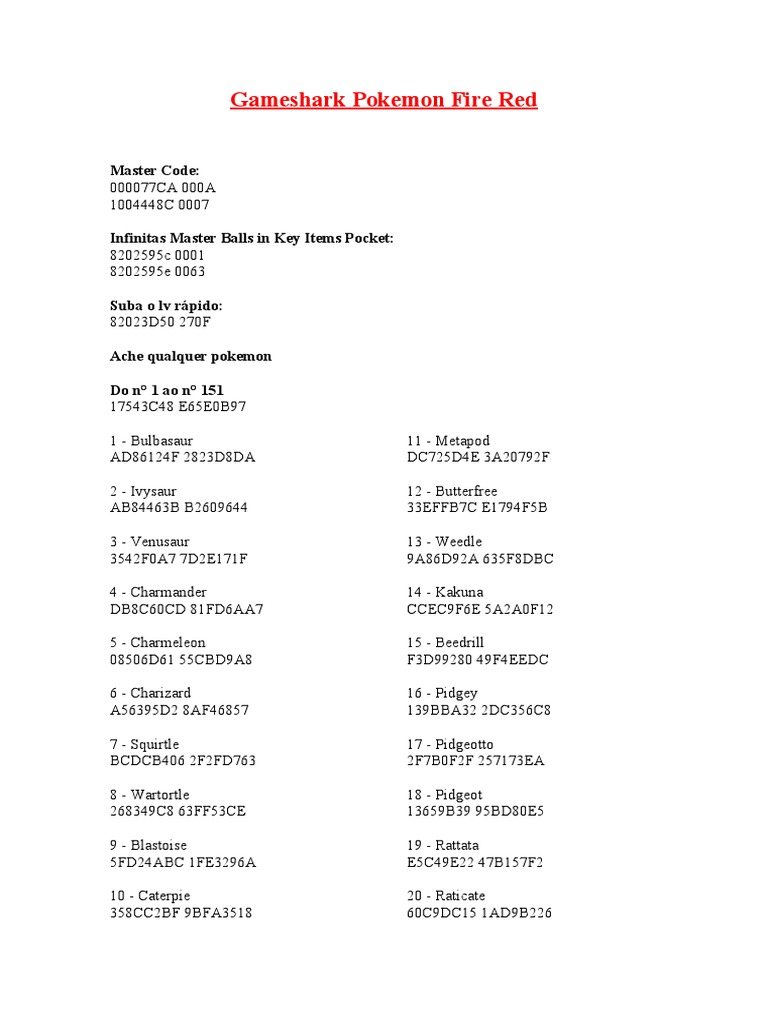 Fire Red Gameshark Cheat Codes | PDF | Artificial Mythology | Pokémon