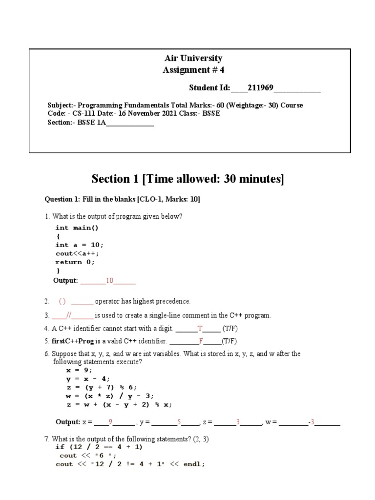 Programming Fundamentals Assignment: Fundamental Concepts of C++ ...