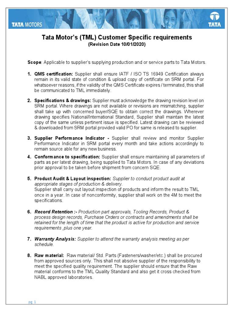 Tata Motors Supplier Quality Requirements | PDF | Calibration ...