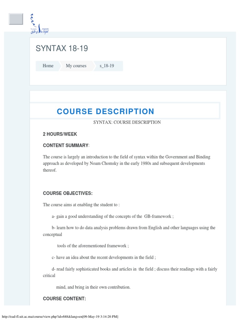 Course SYNTAX 18-19 | PDF | Syntax | Noam Chomsky
