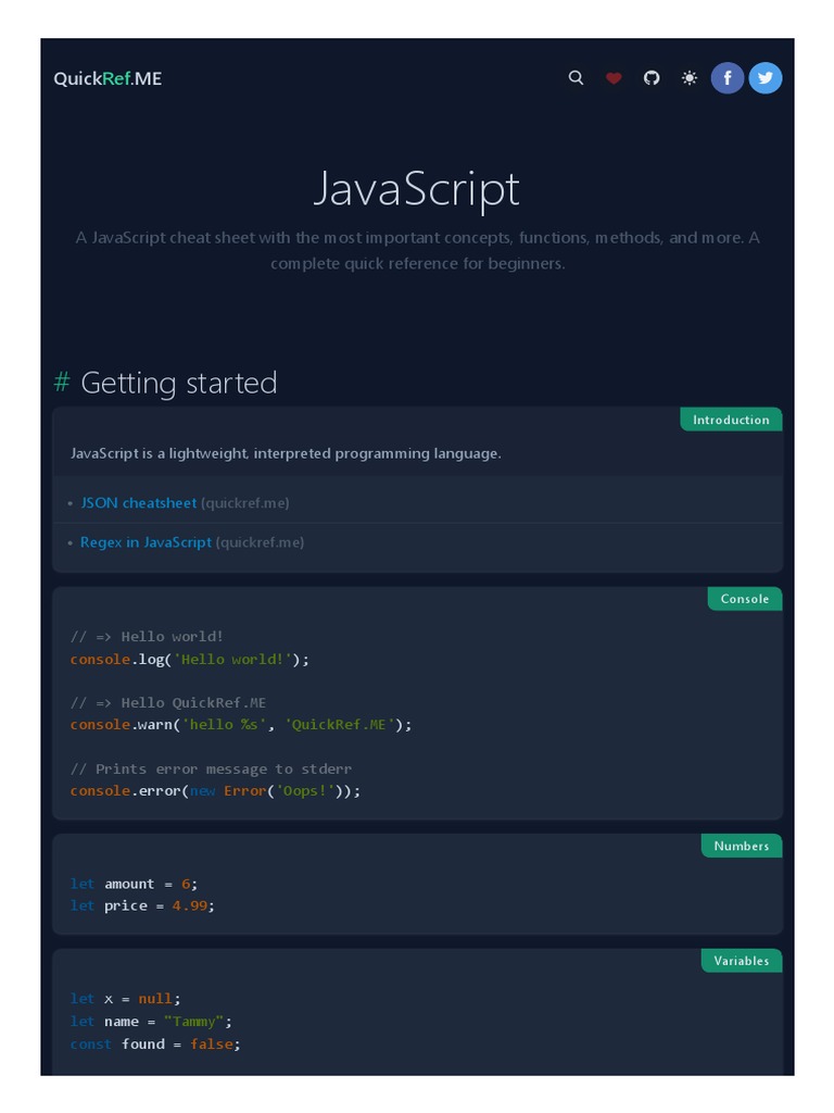 JavaScript Cheat Sheet & Quick Reference | PDF | Scope (Computer ...