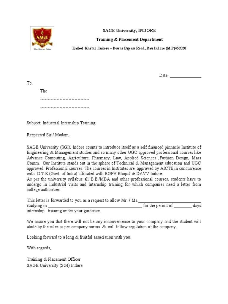 Industrial Internship Traning Letter For Students | PDF