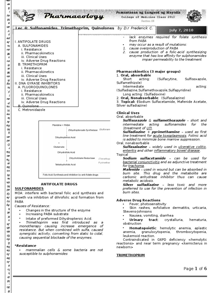 4 Sulfonamides, Trimethoprim, Quinolones Antibiotics Pharmacology